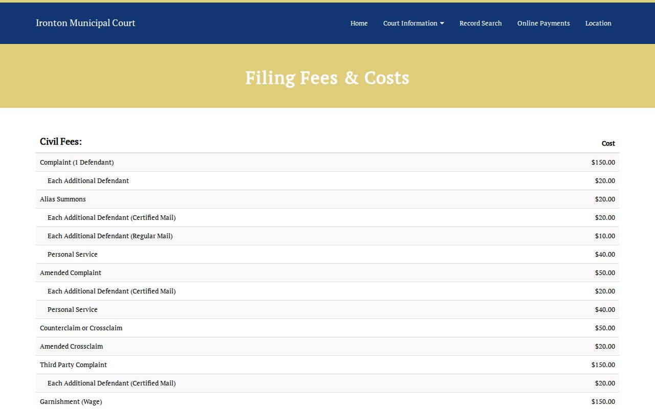 Ironton and Lawrence County court records source showing the Municipal Court fee schedule