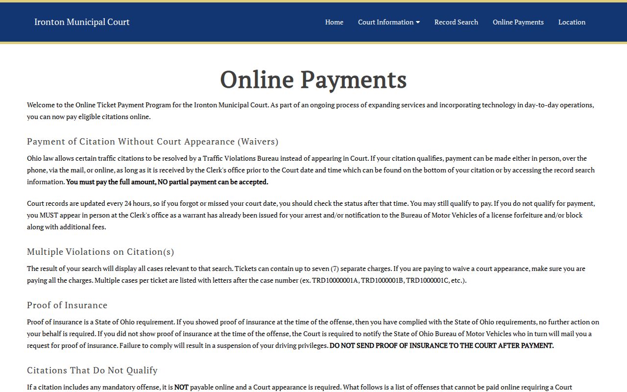 Ironton and Lawrence County court records source showing the Municipal Court ticket payment interface